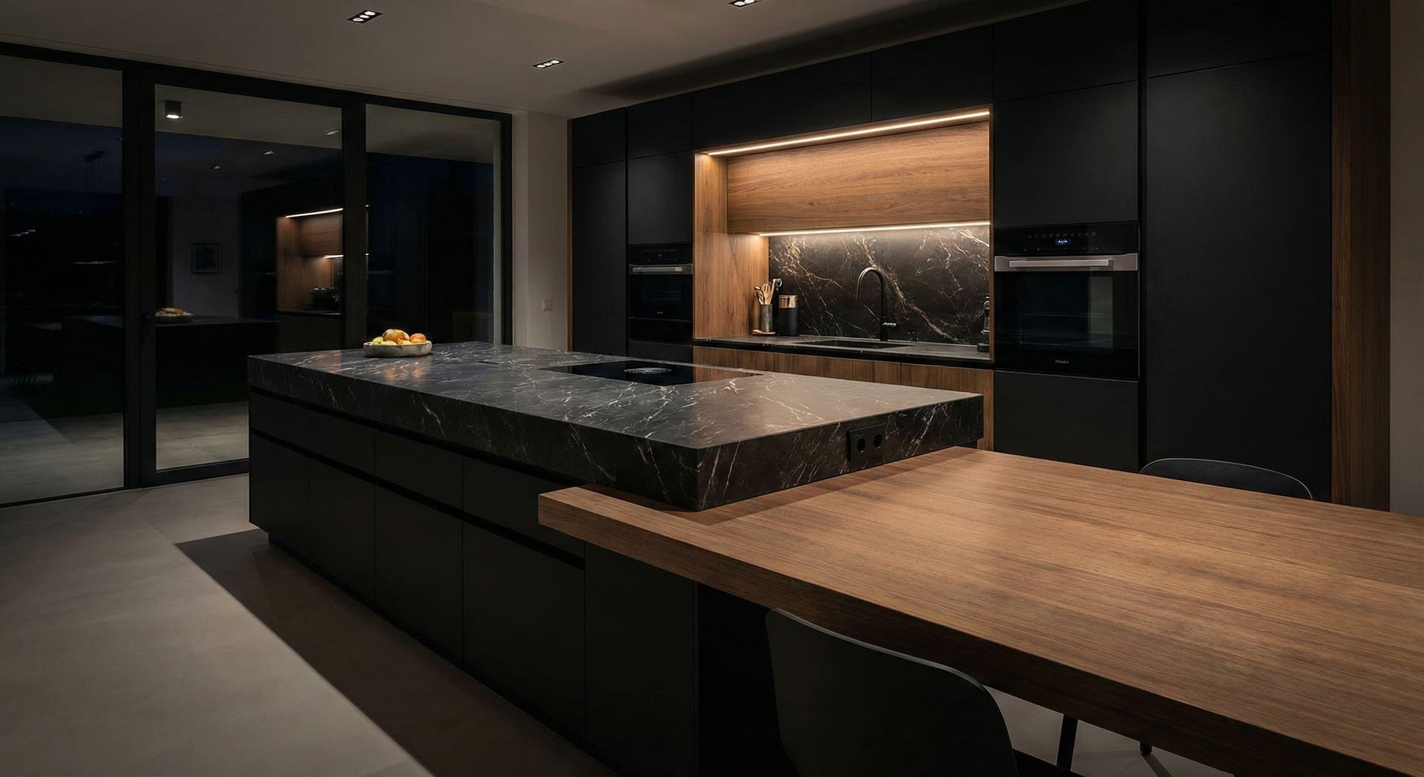 Moderne, dunkle Küche mit Kochinsel, Arbeitsplatten aus Keramik, Holzdetails und integrierter Beleuchtung