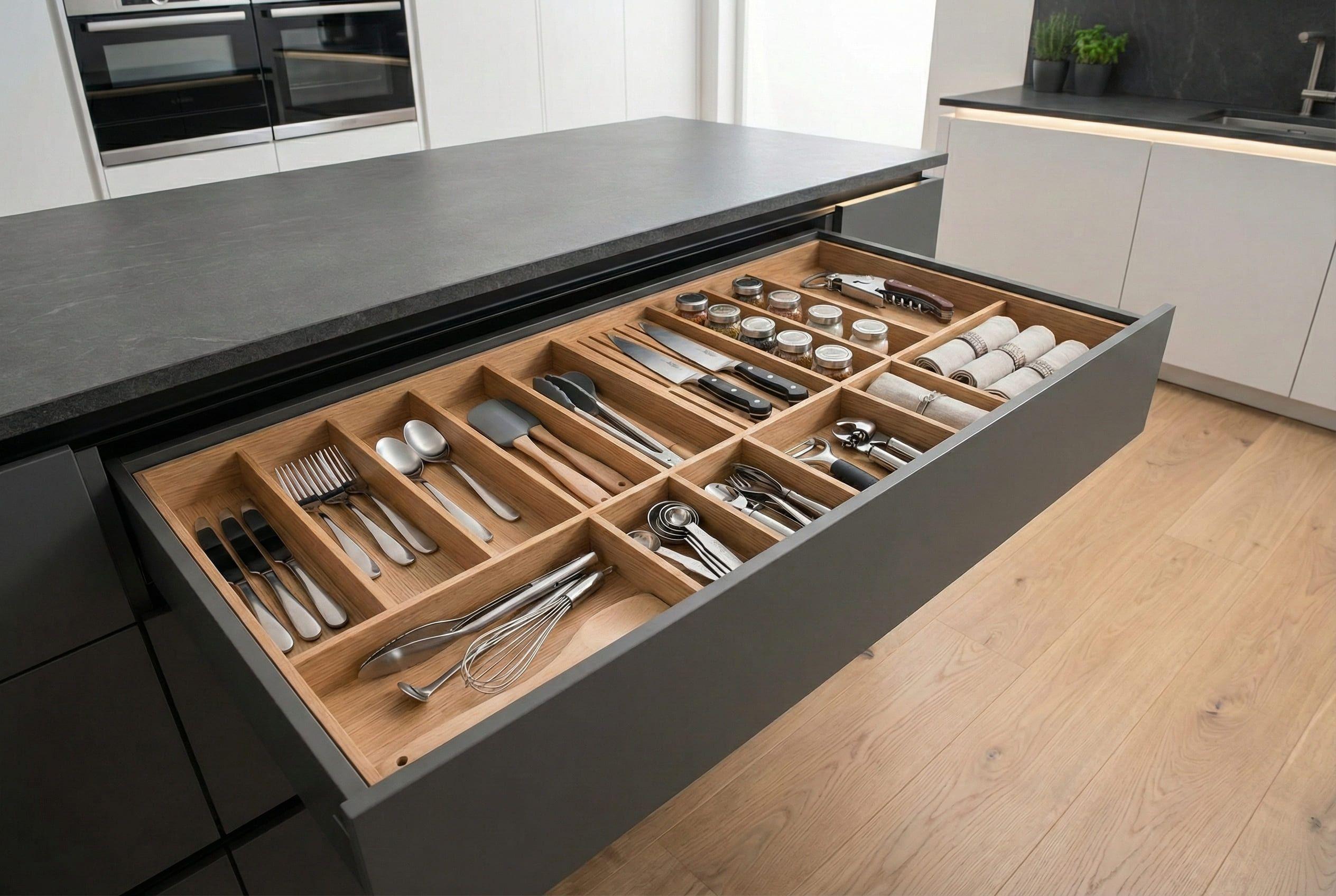 Offene Küchenschublade mit Holz-Besteckeinsatz und übersichtlich sortierten Küchenutensilien.