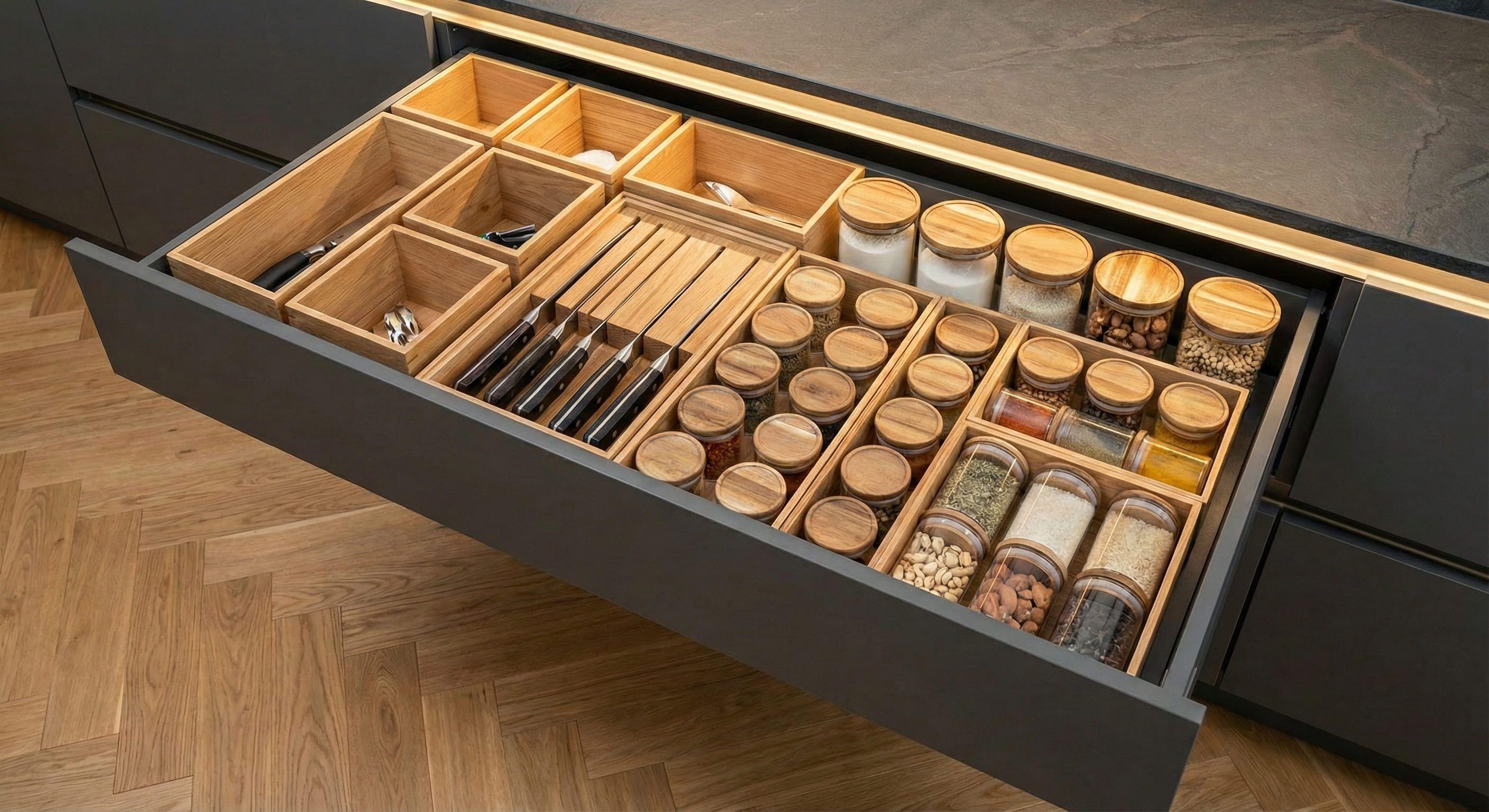 Offene Küchenschublade mit modularen Boxen, Messer-Einsatz und übersichtlich sortierten Vorratsgläsern.